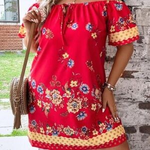 Red Puff Sleeve Off-Shoulder Sundress